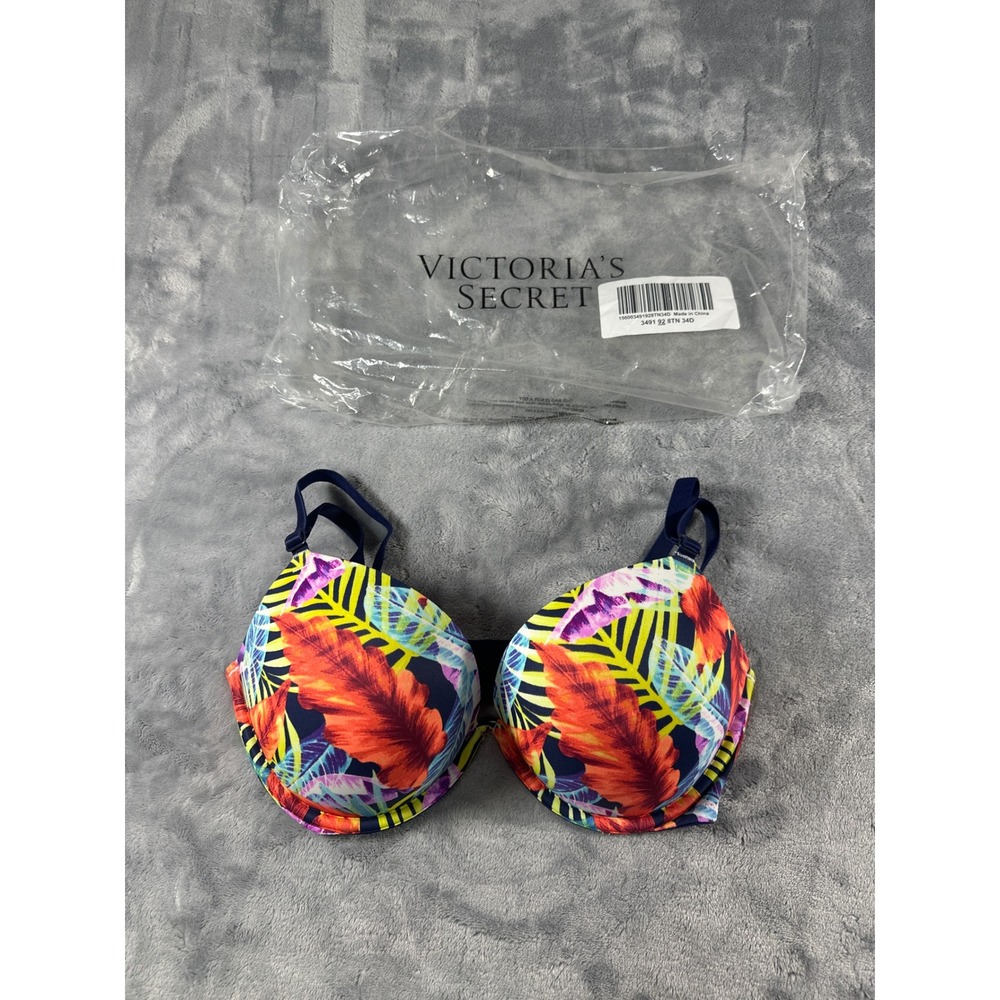 Victorias Secret T-Shirt Bra Tropical Palm Leaf Print Navy Blue 34D 3491‎ 92 8TN